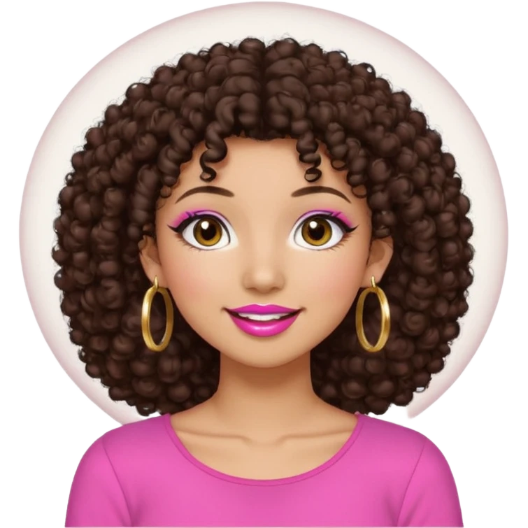 Naturally tan skin girl short darkBrown curly afropink shirt very long lashes hoop gold earrings Brown eyes gyaru smiling closed mouth cute non perfect circular a emoji
