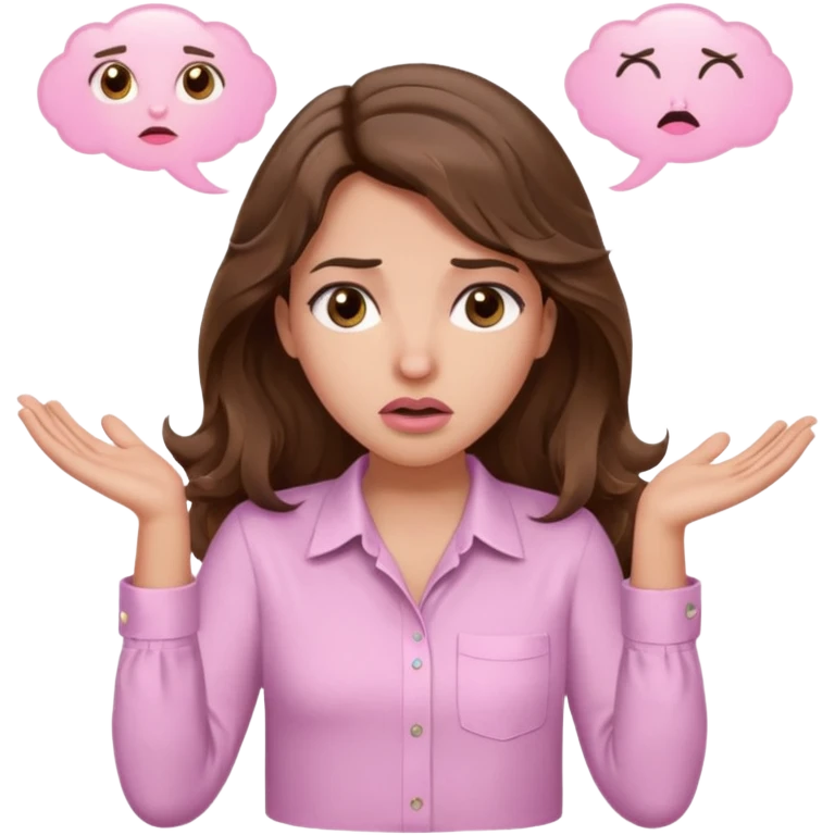 girl with wavy long brown hair, brown eyes, light to medium complexion, long lashes, light pink lipstick, wearing light pink shirt, shrugging with both hands, confused emoji