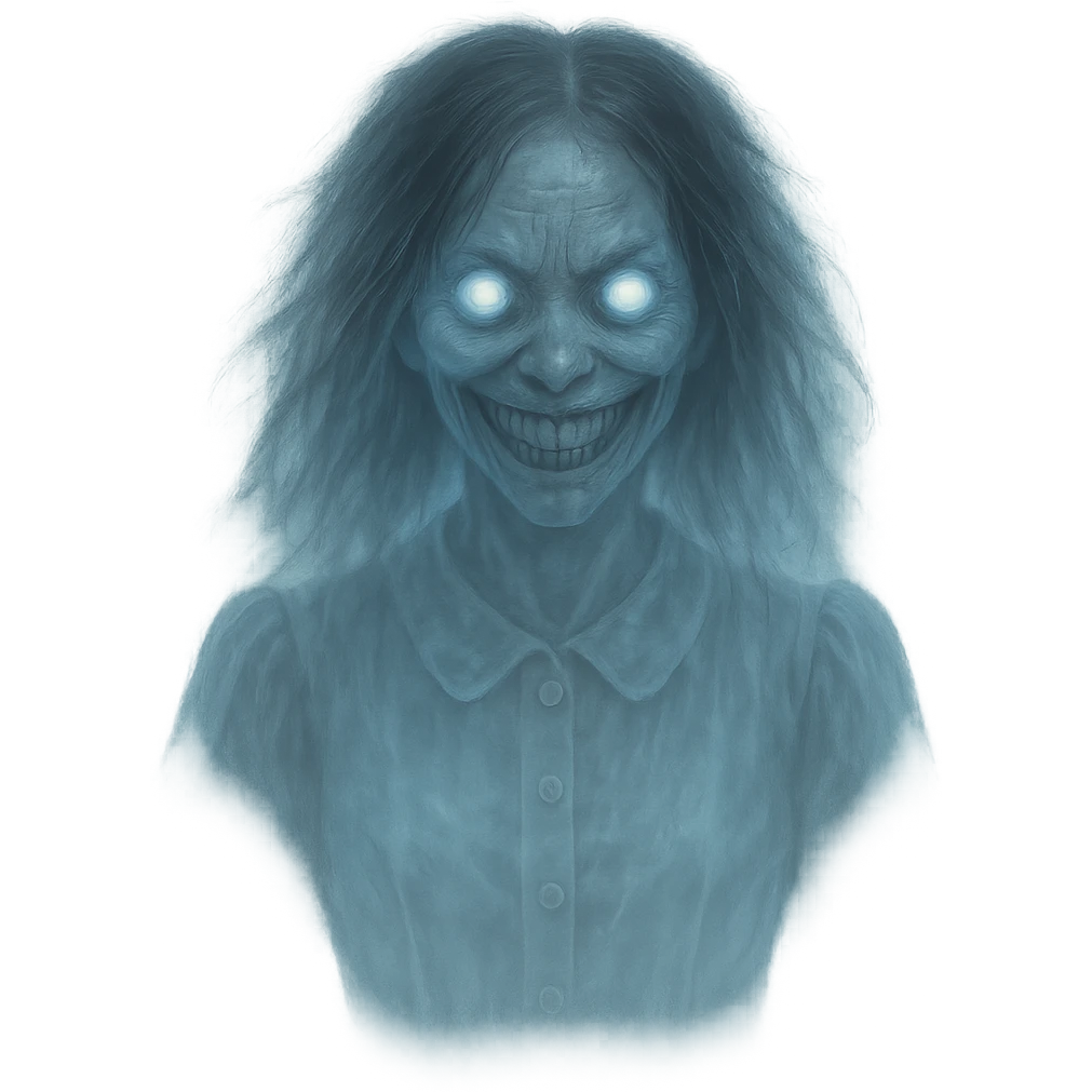 Transform the creepy girl into a ghost, make her semi-transparent, add ethereal glow and ghostly effects, keep the background transparent. emoji