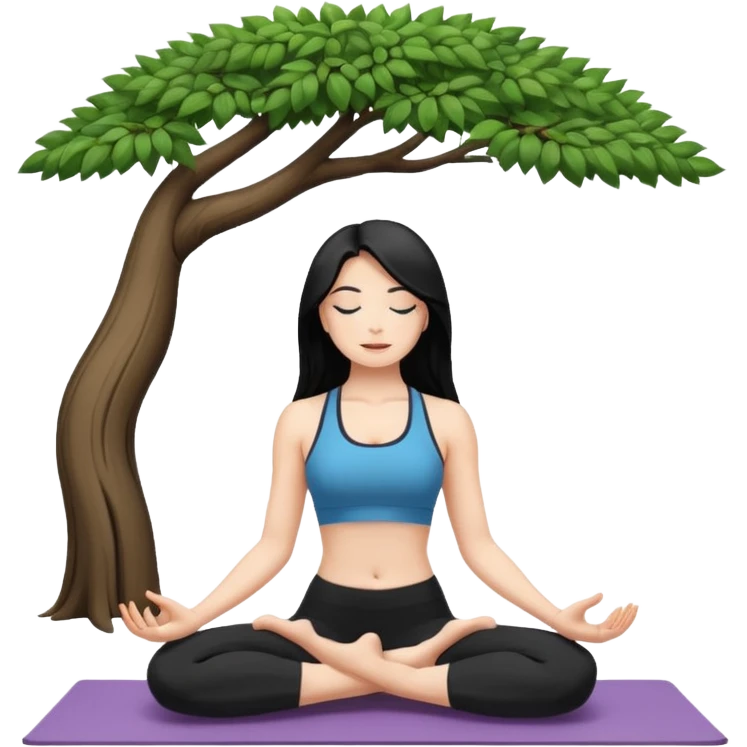 white girl with black long hair doing yoga tree postion emoji