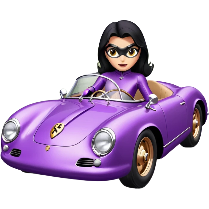 BatGirl driving her satin-black and rose gold 1955 Porsche 550 Spyder too fast in the country despite the rainy conditions making the tires slippery sliding sideways and her black hair flutter (purple shiny latex catsuit)  emoji