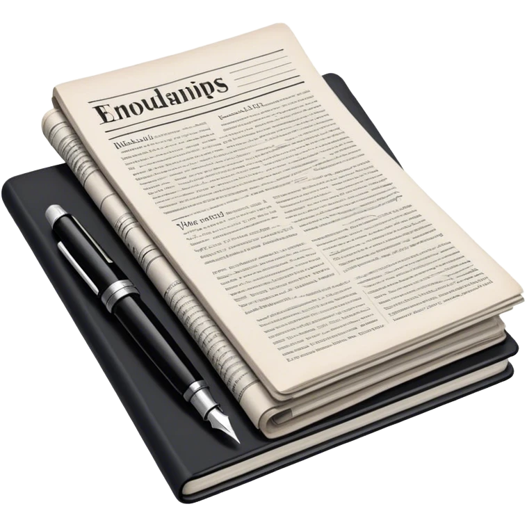 Create an emoji representing journalism and publicistic writing. The design should feature a stack of newspapers, an open notebook with visible text, and a single fountain pen placed near the notebook, symbolizing the act of writing. Use neutral, professional colors like black, white, and muted tones to convey a sense of seriousness and intellect. Do not include any emojis or smiley faces. Make the background transparent. emoji