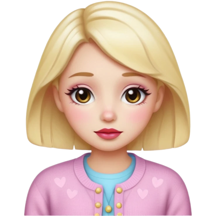 “Emoji girl, dewy skin, flushed blush across cheeks and nose, glossy cherry lips, soft puppy eyeliner, slightly teary sparkling eyes, wearing pastel cardigan.” emoji