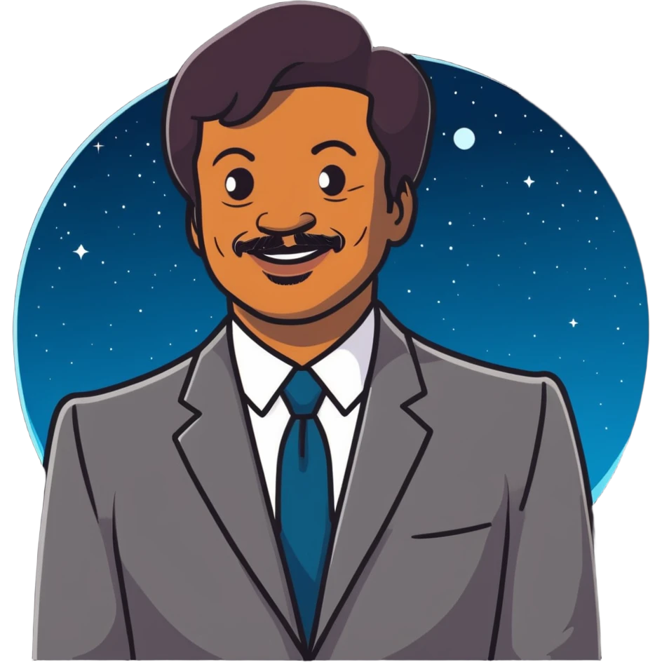 Neil deGrasse Tyson, smiling astrophysicist in suit with cosmic background emoji