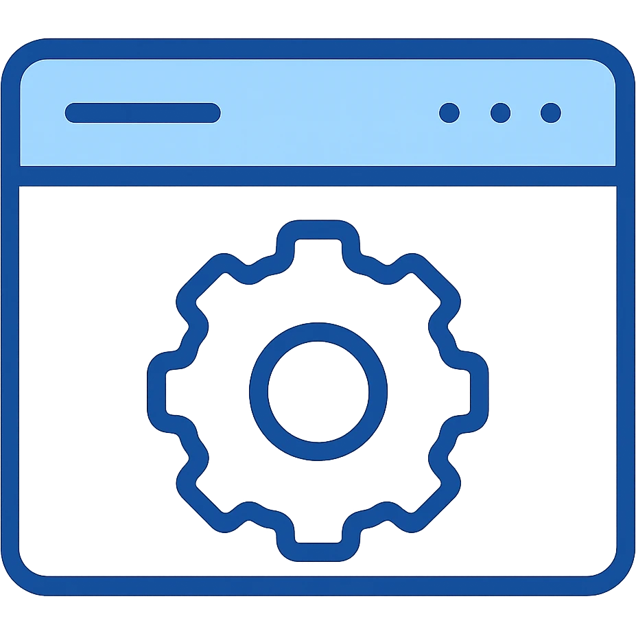 Use the provided blue browser window template as the base. Add a blue gear in the center, a horizontal bar and three small circles in the top right, all in shades of blue. Maintain a flat and modern style with clean lines. Ensure the background is fully transparent. Avoid dark or black backgrounds and minimize use of other colors. Prioritize clarity and visibility. emoji