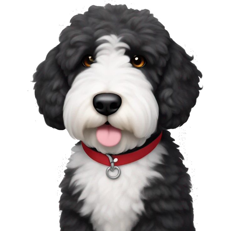 handsome sheepadoodle, white center of chest, black shoulders, red collar, white on thin center of face and mustache, black fur on eyes and outside of face,nice mustache, great posture emoji