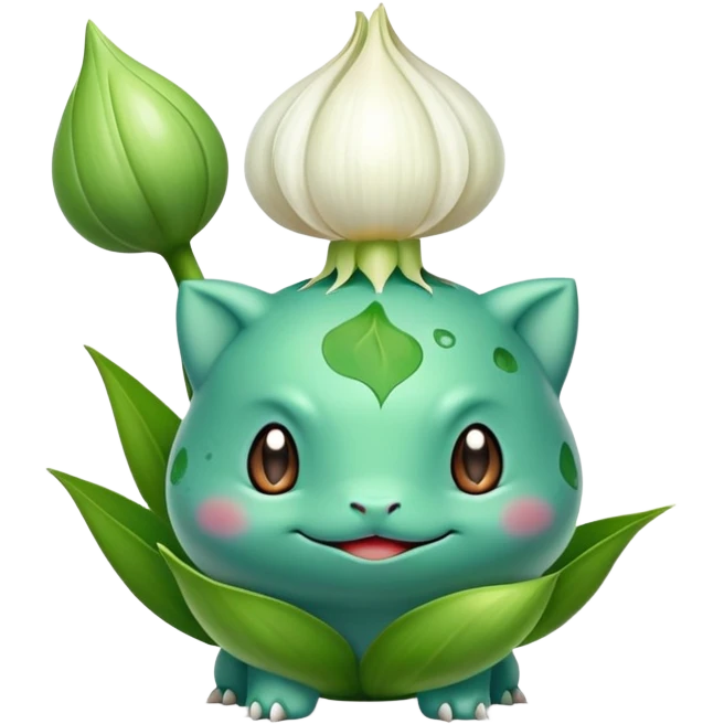 Bulbasaur with a green, unopened plant bulb with layered petals, resembling a garlic or lily bud on back emoji