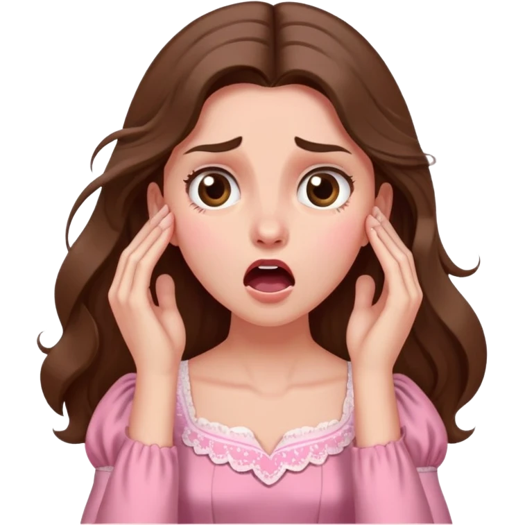 girl with long brown hair dramatically gasping, hand to forehead, vintage pink dress emoji