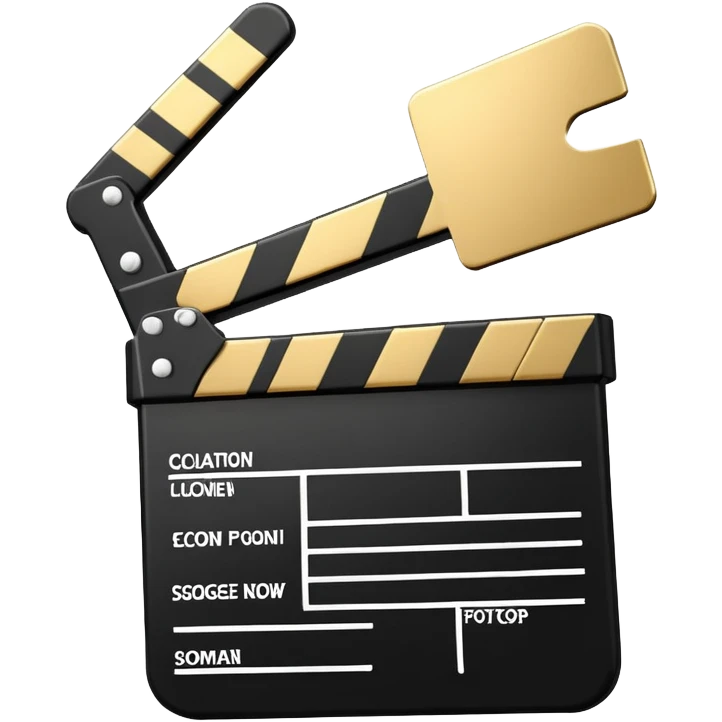 cartoon movie clapper, simple design with gold top part and white bottom part, black diagonal stripe emoji