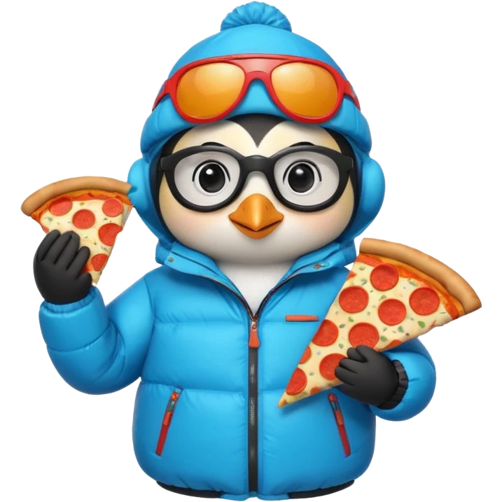 cute penguin, puffy jacket, holding pizza, ski glasses on head emoji
