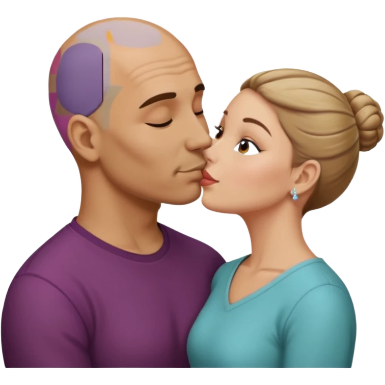 Mid aged Hispanic bald man kissing mid aged dark blonde white woman. She’s wearing a bun. emoji