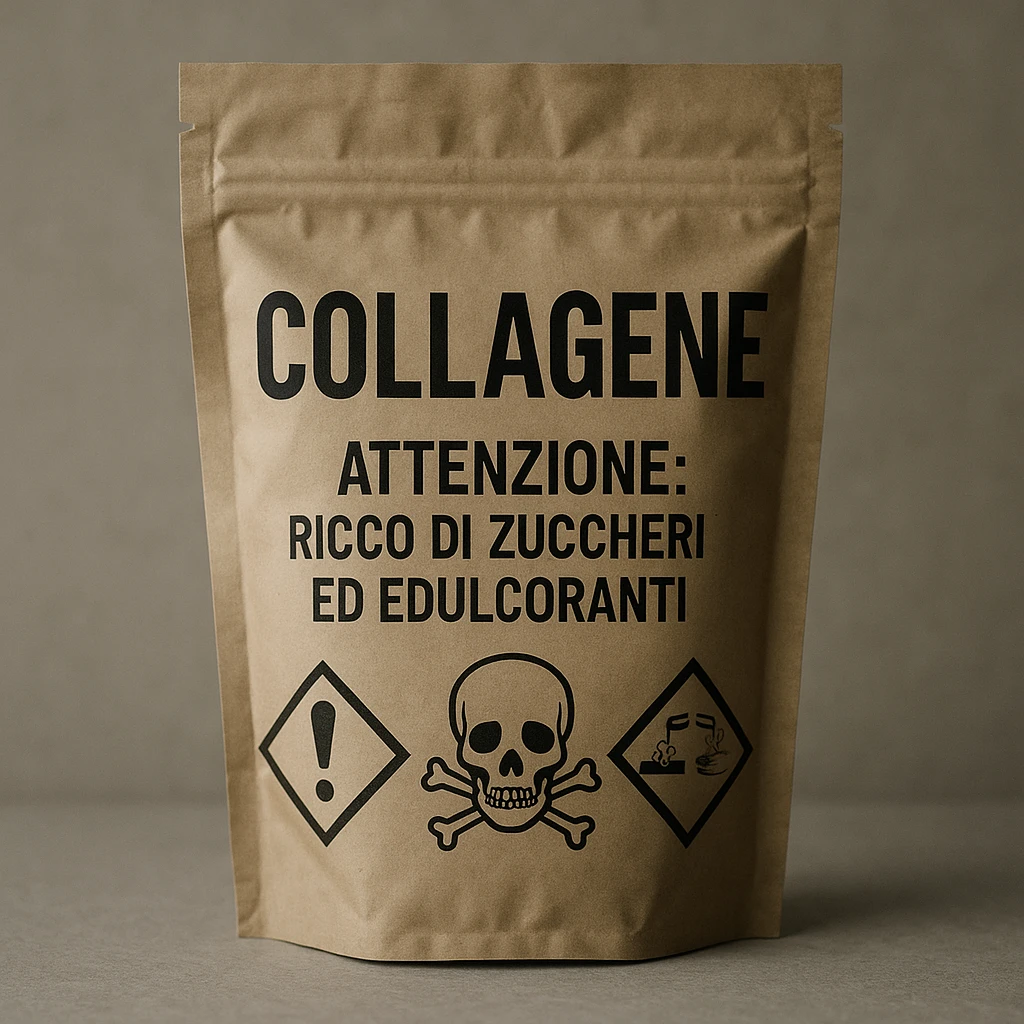 realistic collagen package labeled in Italian with text 'Attenzione: ricco di zuccheri ed edulcoranti', negative atmosphere, danger and poison symbols, skull, neutral background emoji