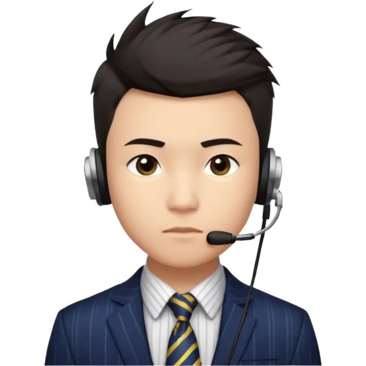 A young Asian man with light skin, short dark hair styled upward with a spiked swoop in front, a clean-shaven face, focused eyes, and a slim headset over one ear, wearing a dark pinstripe suit with a patterned dress shirt and a bright solid-colored tie visible from the chest up. emoji