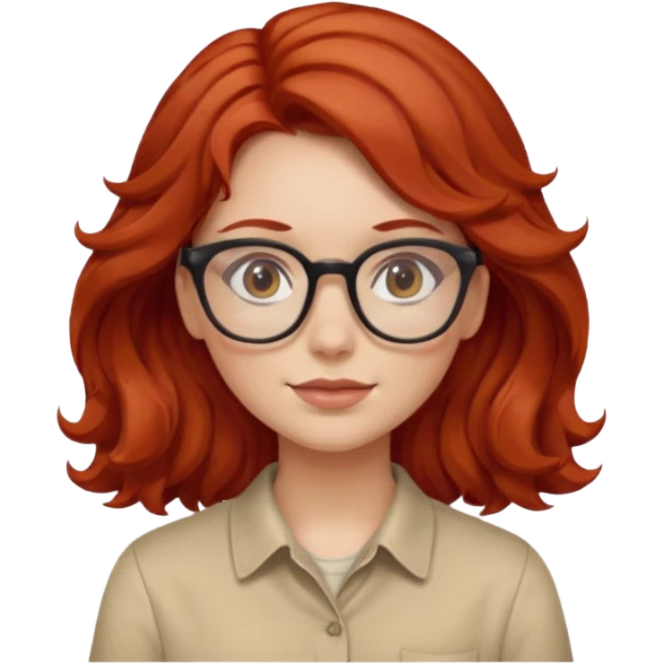 girl wear glasses, wavy red hair, beige shirt\ emoji