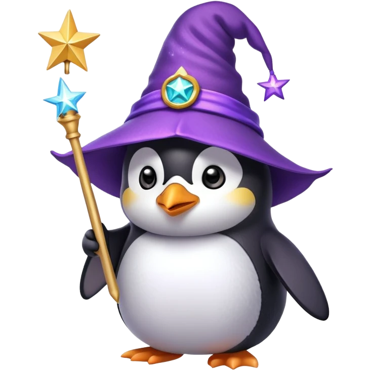 A cute penguin wearing a purple wizard hat and holding a magic wand with a star on the tip emoji