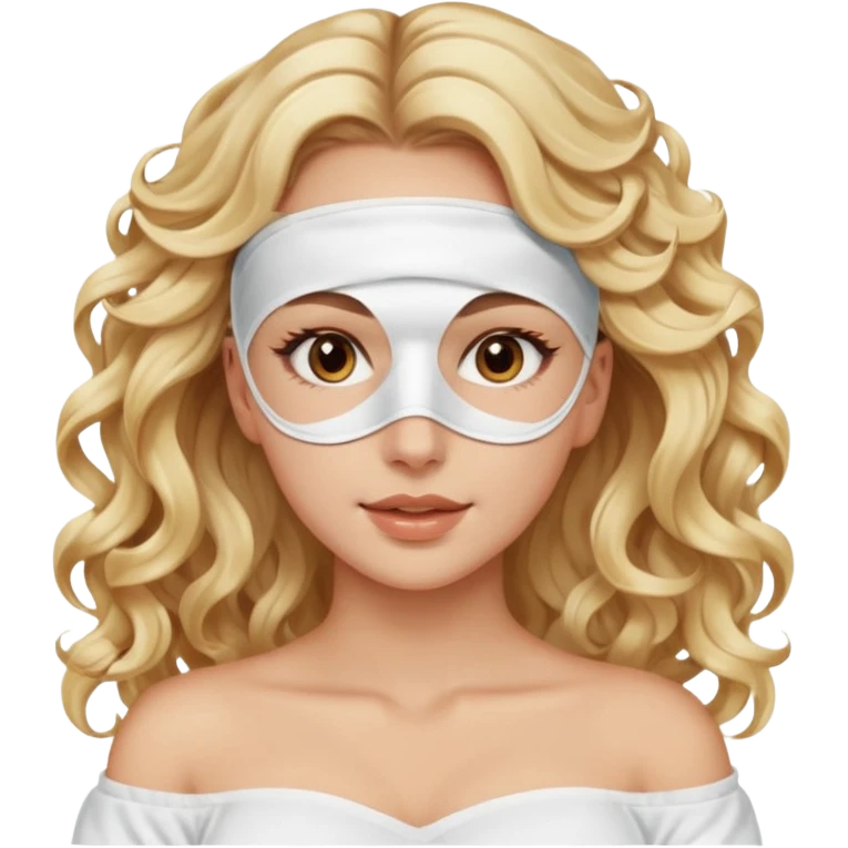 White girl- brown eyes - beauty face mask massage -full care- blonde long curly hair  white off shoulder shirt emoji
