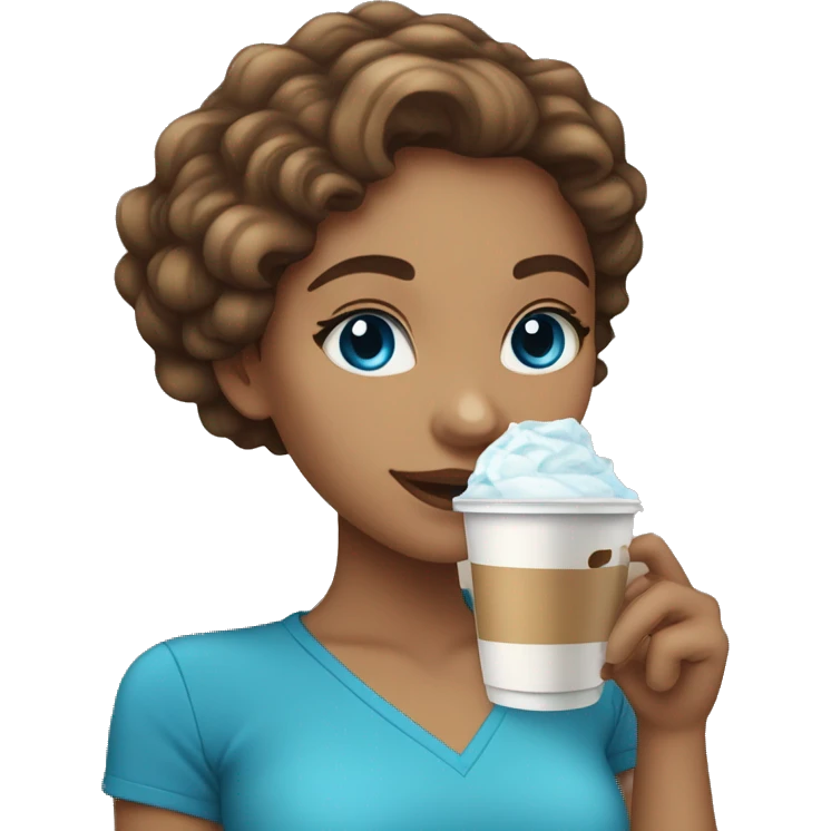Light skin girl with brown wavy hair and blue eyes drinking ice latte  emoji