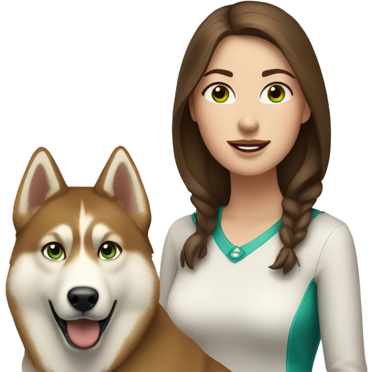 White Woman hair brown and bleus eyes and golden Husky With green eyes emoji