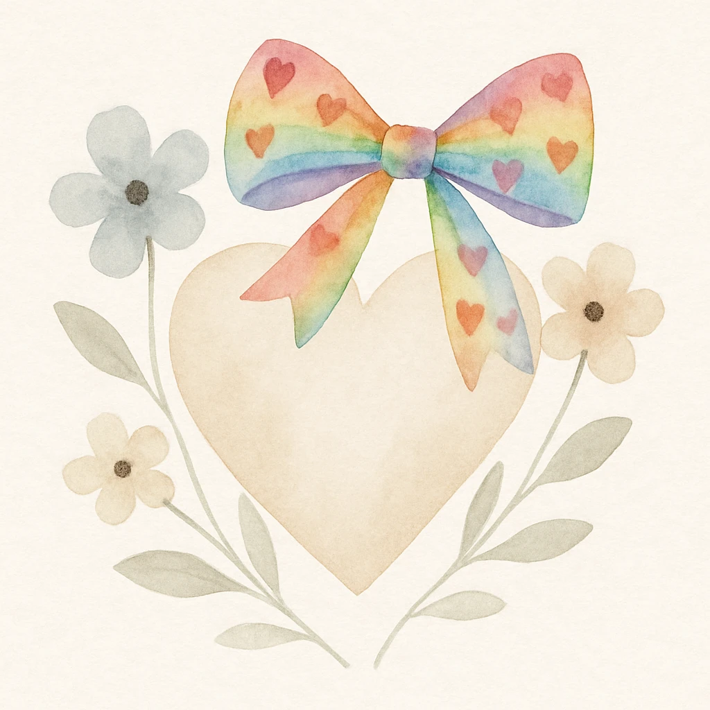 watercolor heart with flowers, rainbow bow with heart pattern on the bow, watercolor style emoji
