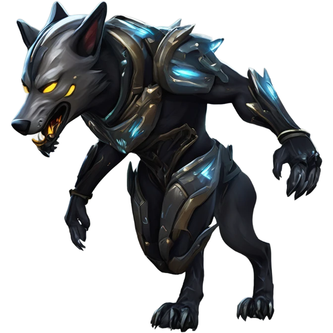 Warframe-inspired wolf Warframe with sleek biomechanical armor, a snarling wolf-like helmet, glowing eyes, and clawed gauntlets. Dark metallic colors with glowing energy lines, blending feral agility and deadly stealth.

 emoji
