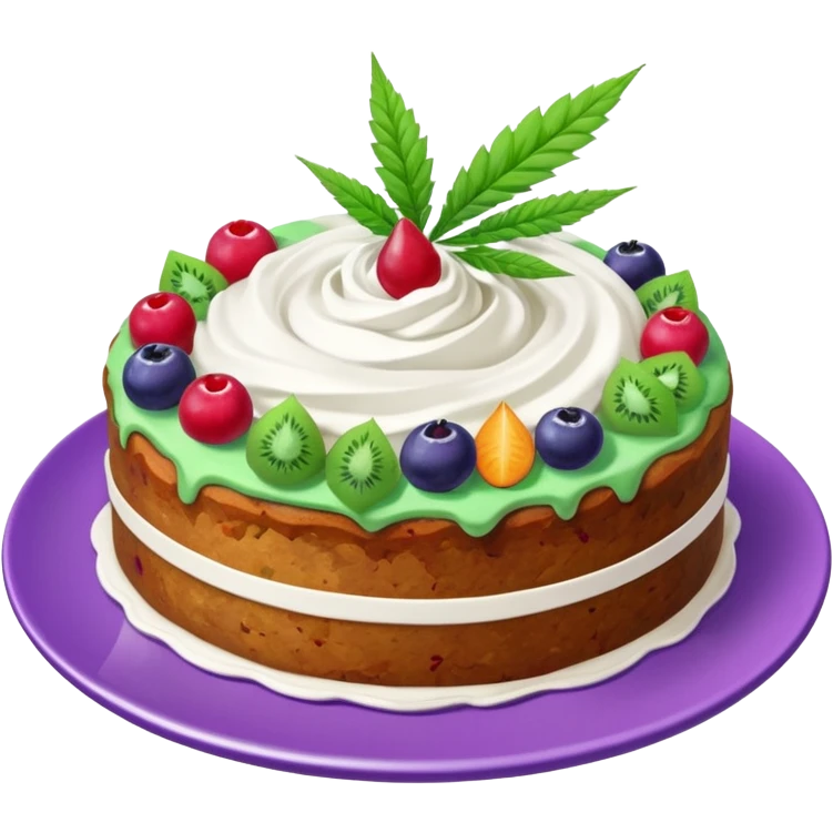colorful frosted fruit cake with cannabis leaf on a plate emoji