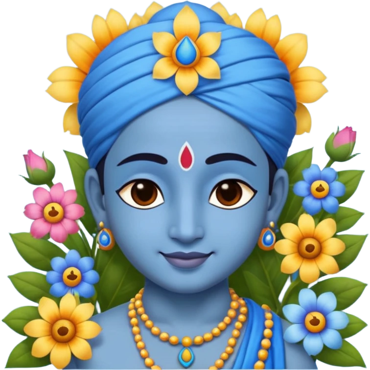 Krishna blissful, surrounded by flowers, blue skin, emoji style emoji