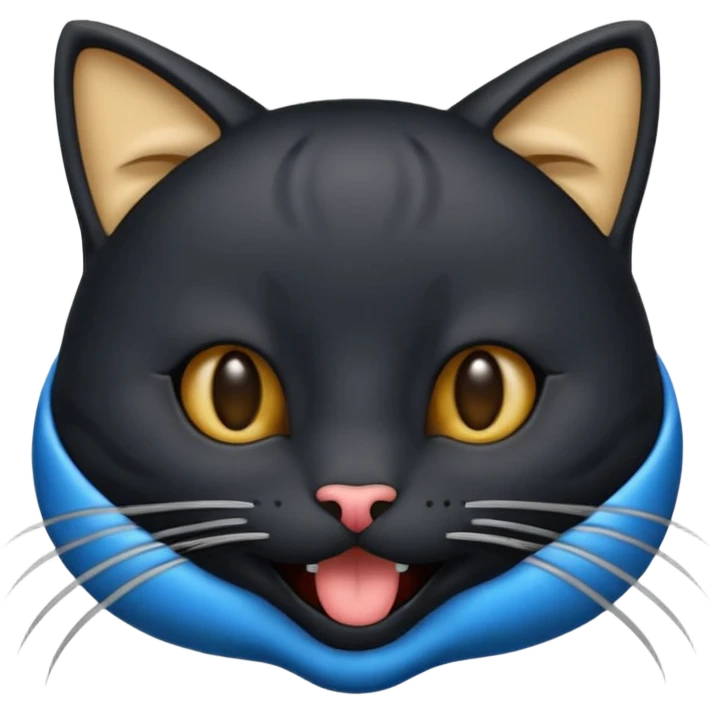 Un emoji de una cara de gato negro riendo a carcajadas, con lágrimas azules brotando de sus ojos cerrados y una boca abierta y sonriente, en el estilo de diseño de emoji clásico. emoji