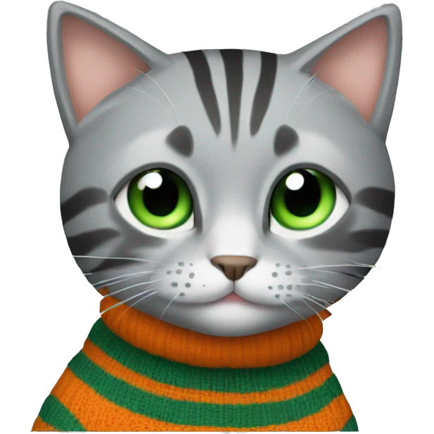 A striped grey cat with green eyes with orange sweater in full growth emoji