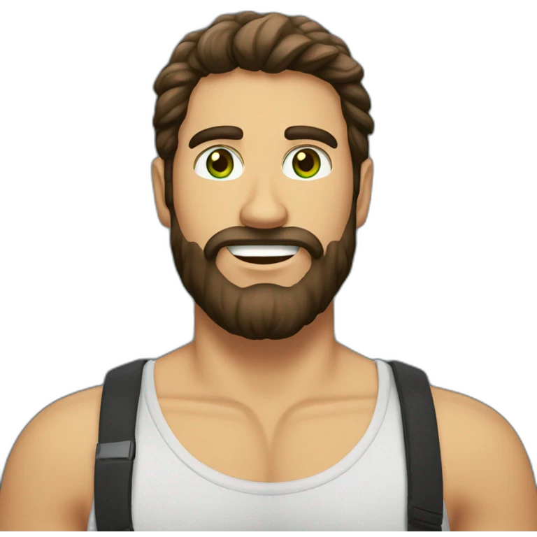 one white guy with dark brown longhair greeneye beard blacktshirt thumbup emoji