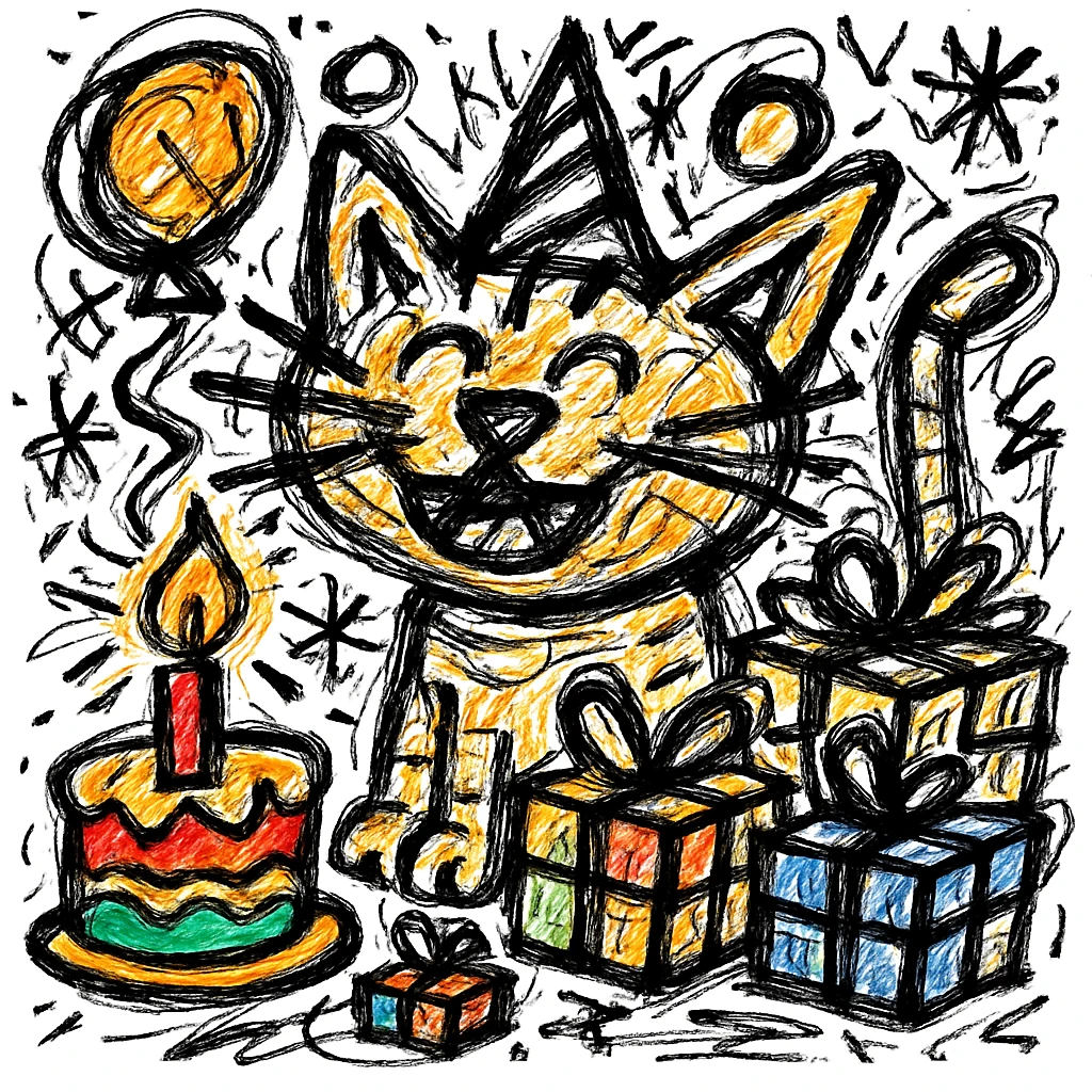 Make the birthday cake more colorful while keeping the chaotic outlined style and all other elements intact emoji