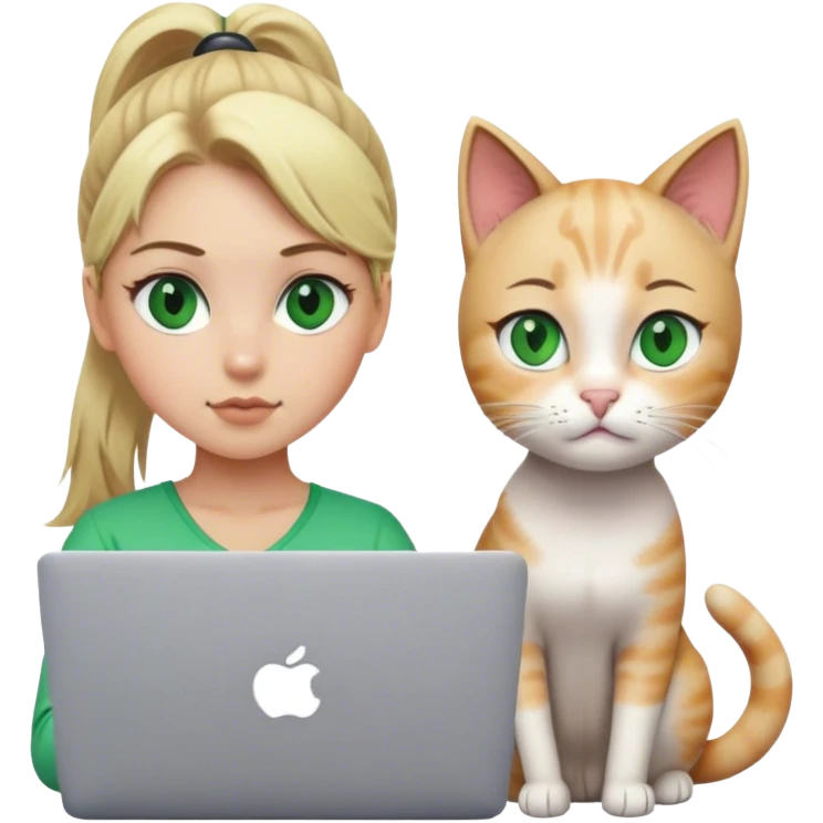 Blonde girl ponytail green eyes with macBook and a cat emoji