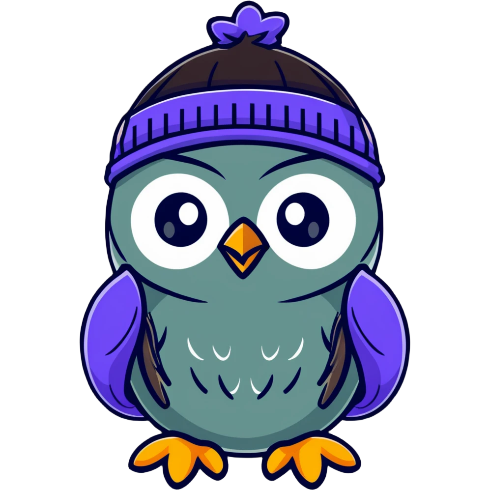 Abstract nice  owl with shiny feathers. With a knitted hat in head  emoji
