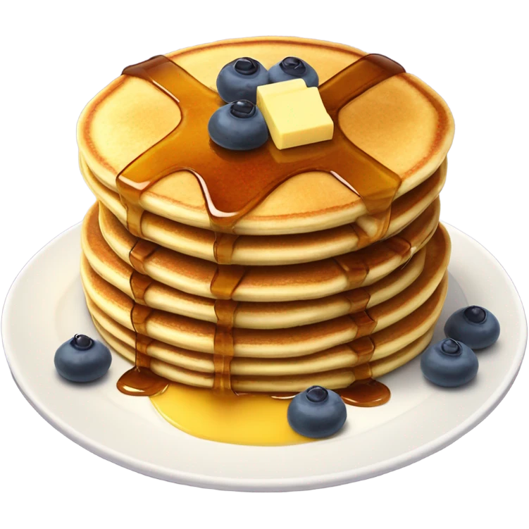 3 fluffy stacked pancakes on a plate with a square of butter on top and maple syrup drizzled emoji
