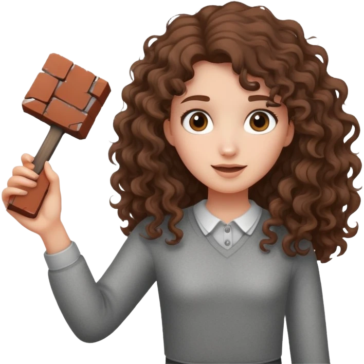 Long curly brown haired girl with flying brick emoji