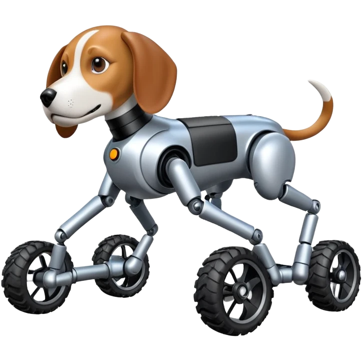 Very fast and sporty jumping racing Boston Dynamics robot beagle Sherlock Holmes robodog with large 8 off-road wheels for feet  emoji