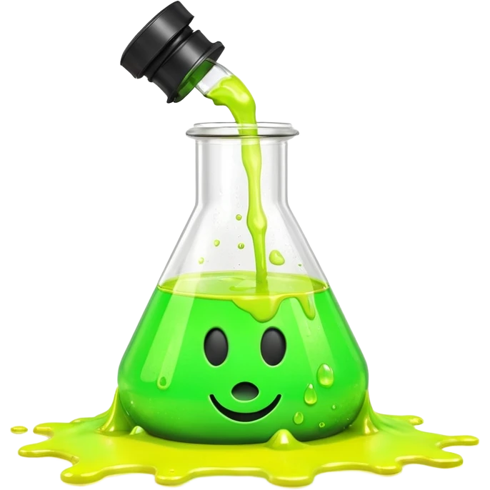 3D render of Spilled Flask, toxic waste aesthetic, neon green bubbling liquid, caution yellow metal, industrial warning texture. emoji