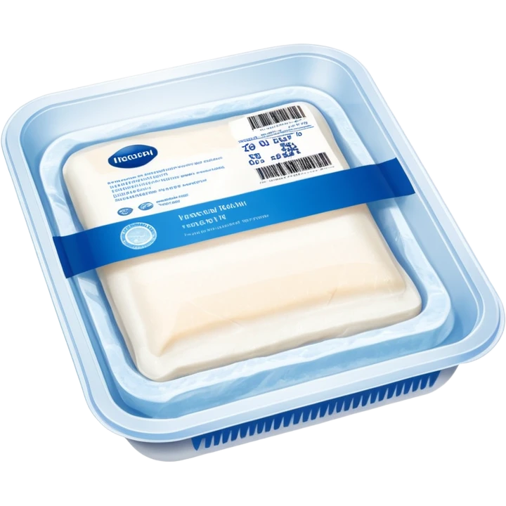 A vacuum-sealed plastic tray containing frozen white fish fillets, covered with thin layers of frost. The packaging has a clear window showing the fish, and a blue label with product details and a barcode. Realistic supermarket freezer setting with cold mist and LED lighting. emoji