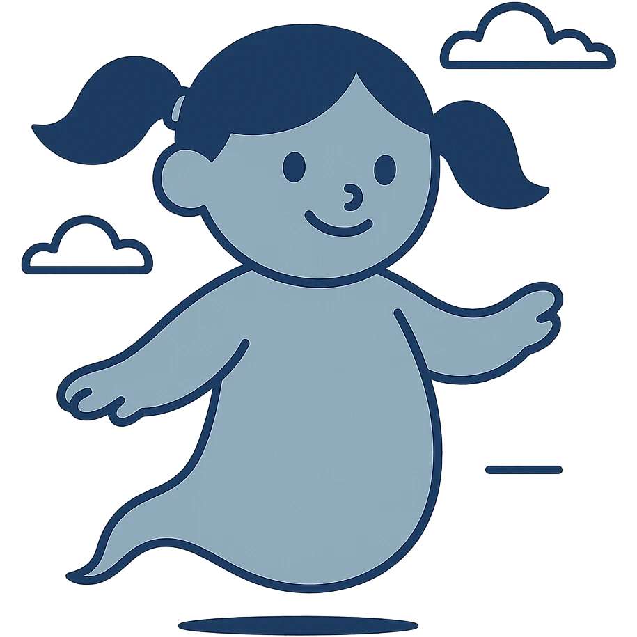 cartoon girl ghost, smiling, pigtails, playful, light blue tint emoji