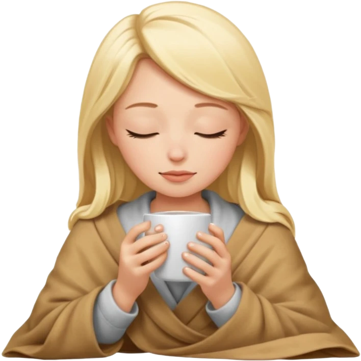 Blonde girl inside a blanket sipping coffee eyes closed emoji
