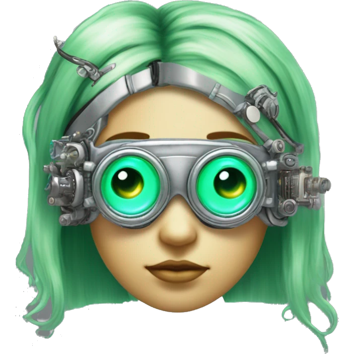 Light green long hair female cyborg head with silver steampunk goggles as a headband, circuits emoji