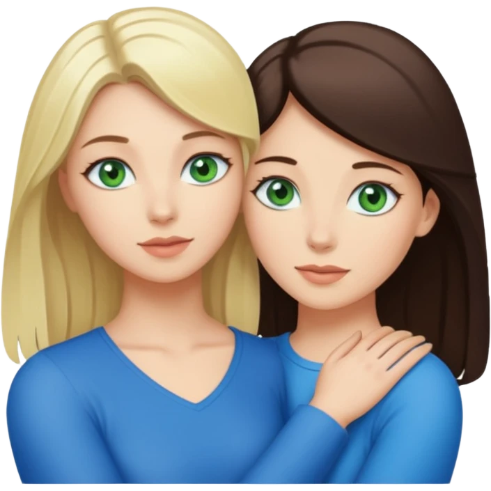 Blondynka z zielonymi oczami przytulająca się do brunetki z niebieskimi oczami emoji