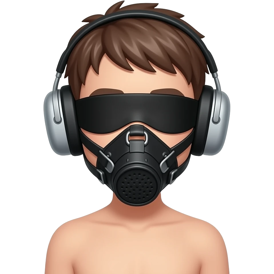 Boy naked bondage earmuffs muzzle blindfold emoji