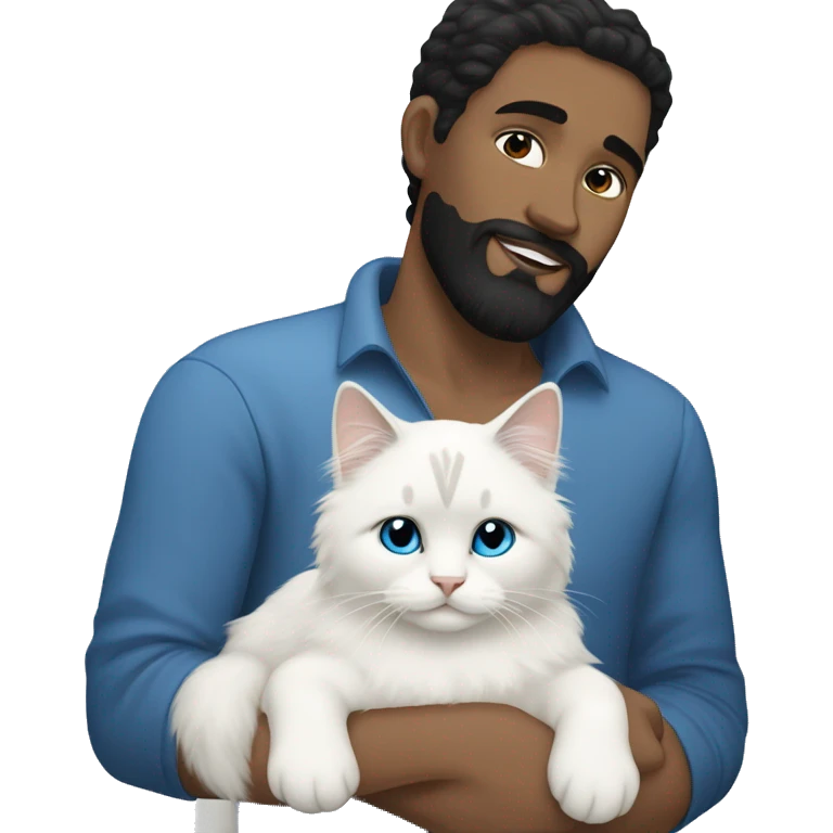 A guy with a black earing and black short hair and black beard and holding a all white Siberian cat with blue eyes  emoji
