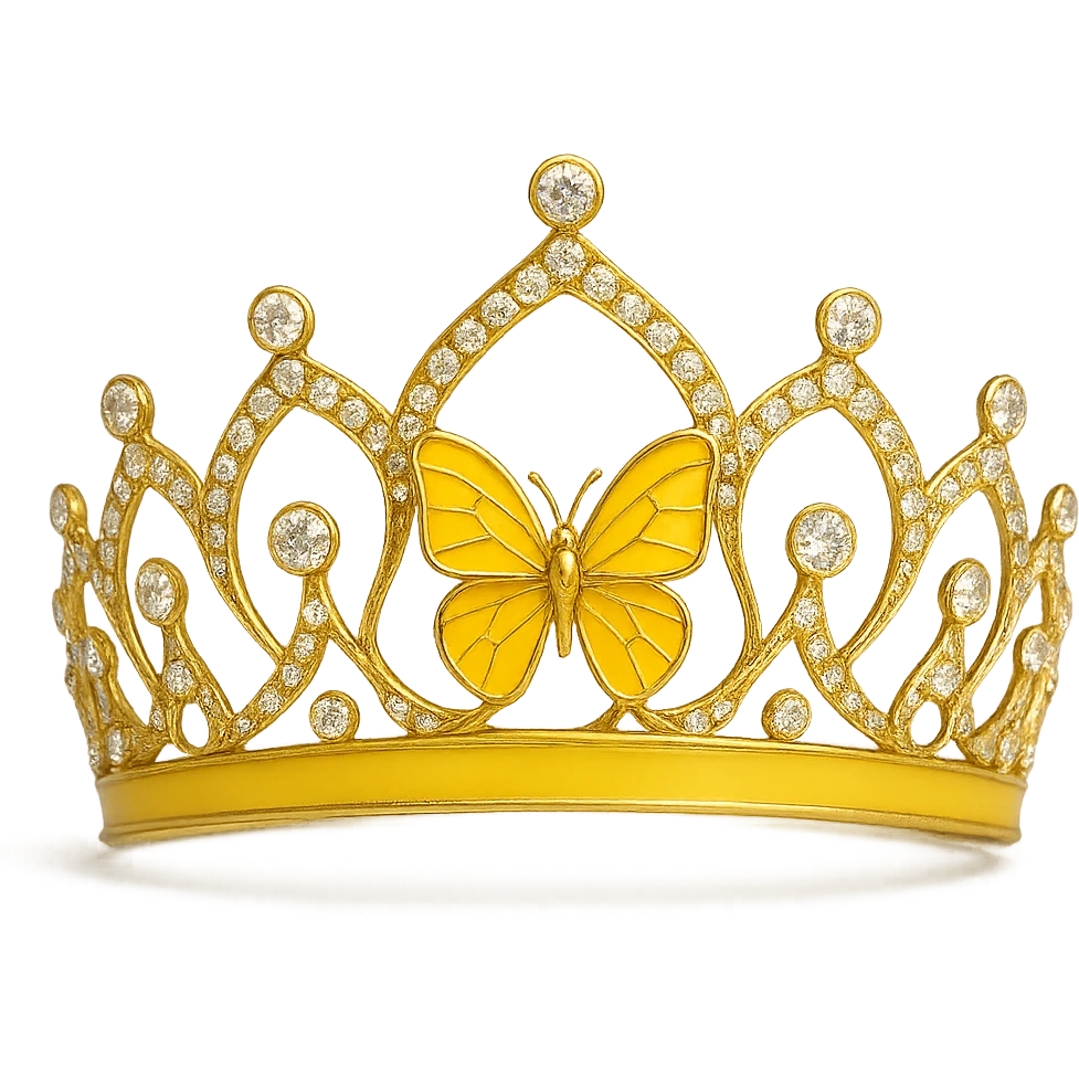 butterfly crown with a yellow base, a single butterfly in yellow enamel, sparkling gems emoji