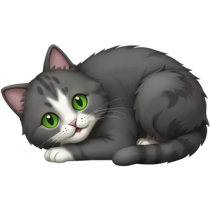 solid dark grey cat with green eyes, completely solid grey face, white toes/paws playfully rolling upside down emoji