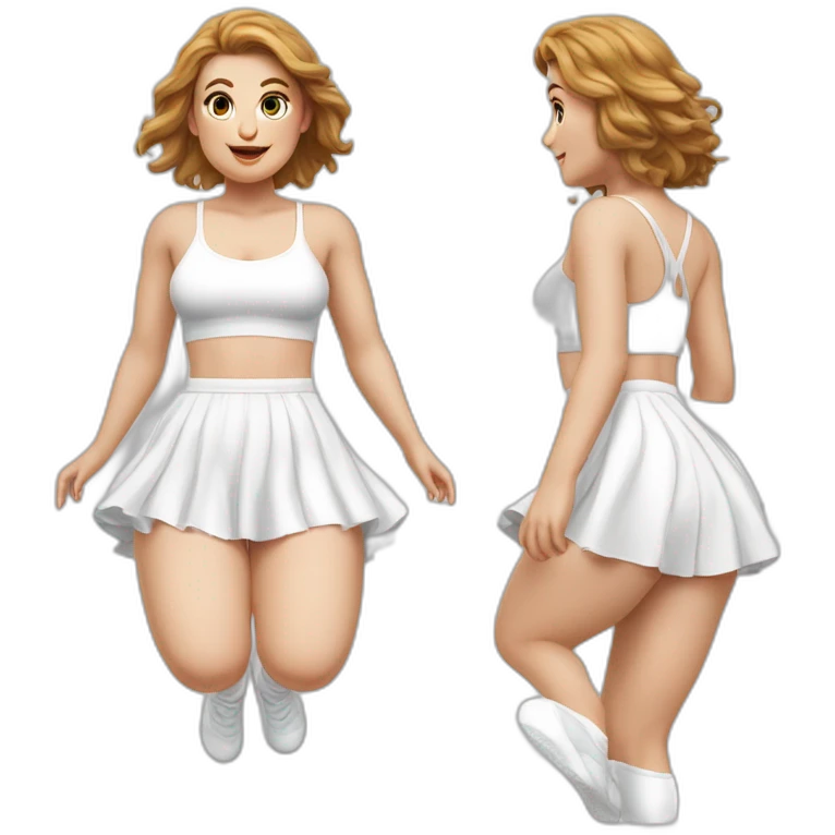 hyperrealistic-full-body-caucasian-curvy-beauty-jumping-small white-skirt-back-and-front-views-strong-wind-white knickers white socks emoji
