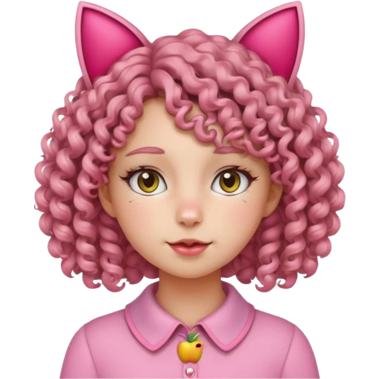 Make the girl's hair curly instead of straight, keep the cat ears without a headband, and add a cute pink or silver collar. Style: apple emoji style, transparent background. emoji