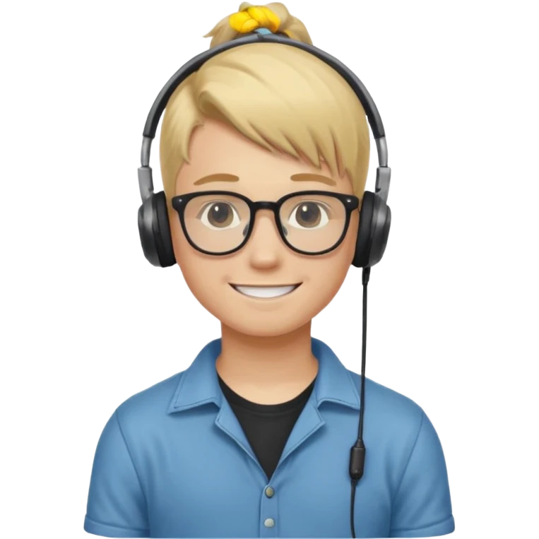 blond hair teen boy pony tail undercut with tattoo on his neck, wearing glasses, strong built, smile warmly with headphone emoji
