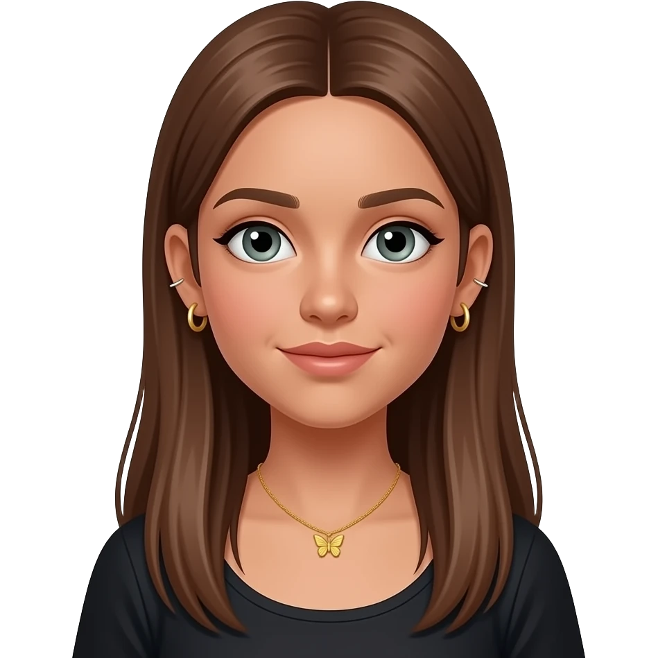 17 year old girl with  extremely long very straight  brown hair, grey-green eyes, tanned skin, two sets of small gold hoop earrings on each ear wearing a black top and a small gold butterfly necklace emoji