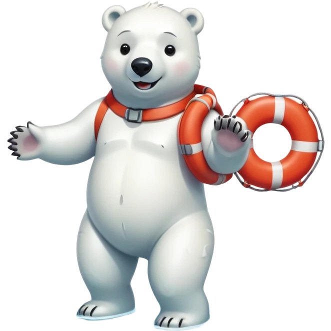 full body friendly anthropomorphised polar bear smiling wearing colorful swim suit and scuba goggles holding red and white life buoy standing in small puddle emoji